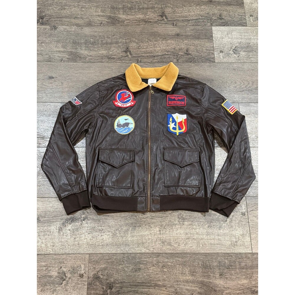 Top Gun Maverick Faux Leather Bomber Jacket Halloween Costume Men's Large Brown